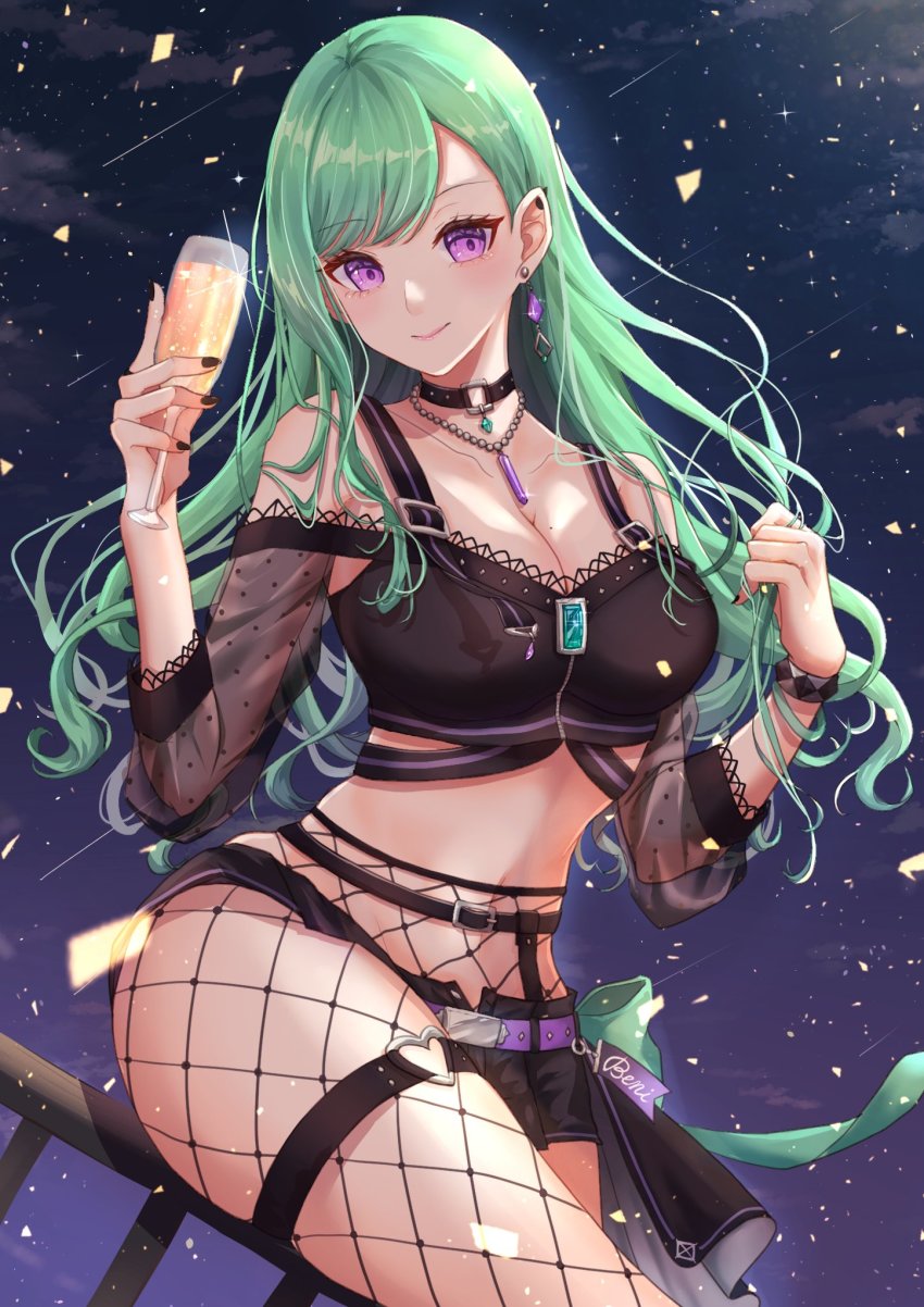 1girl, breasts, choker, cleavage, earrings, fishnet_pantyhose, fishnets, green_hair