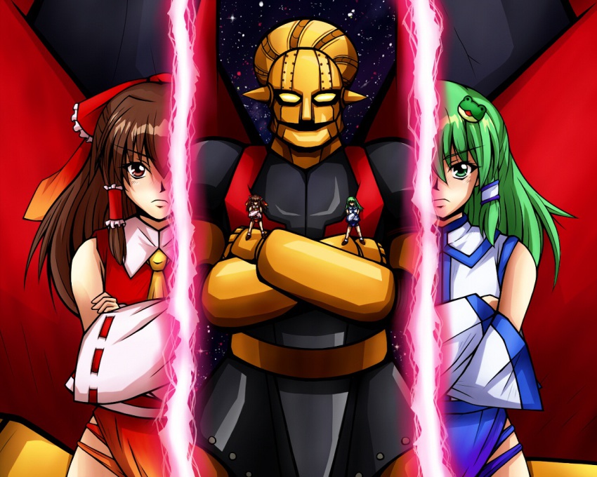 2girls, bow, brown_eyes, brown_hair, crossed_arms, detached_sleeves, female_focus, gastdream_(artist)