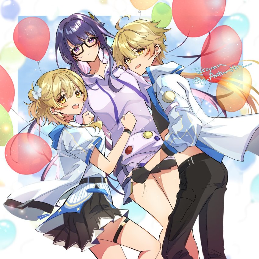 1boy, 2girls, :d, aether_(2nd_anniversary)_(genshin_impact), aether_(genshin_impact), ahoge, anniversary, balloon