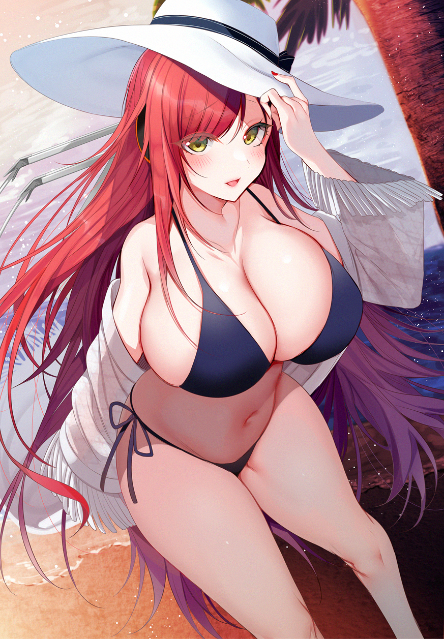 1girl, amamiya_mizuki, bare_legs, beach, bikini, breasts, cleavage, collarbone