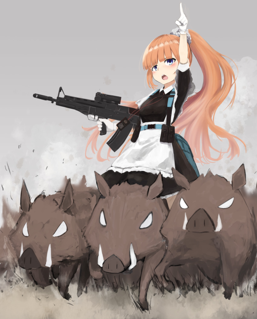 1girl, apron, assault_rifle, blonde_hair, blue_eyes, boar, bullpup, commission
