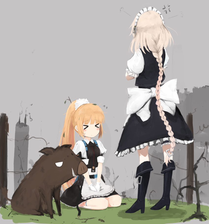 blonde_hair, boar, boots, braid, g36_(girls'_frontline), girls'_frontline, highres, kneeling