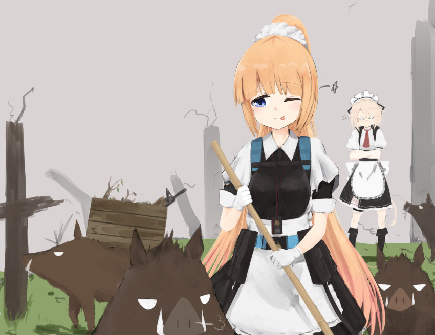 2girls, apron, blonde_hair, blue_eyes, boar, g36_(girls'_frontline), girls'_frontline, highres