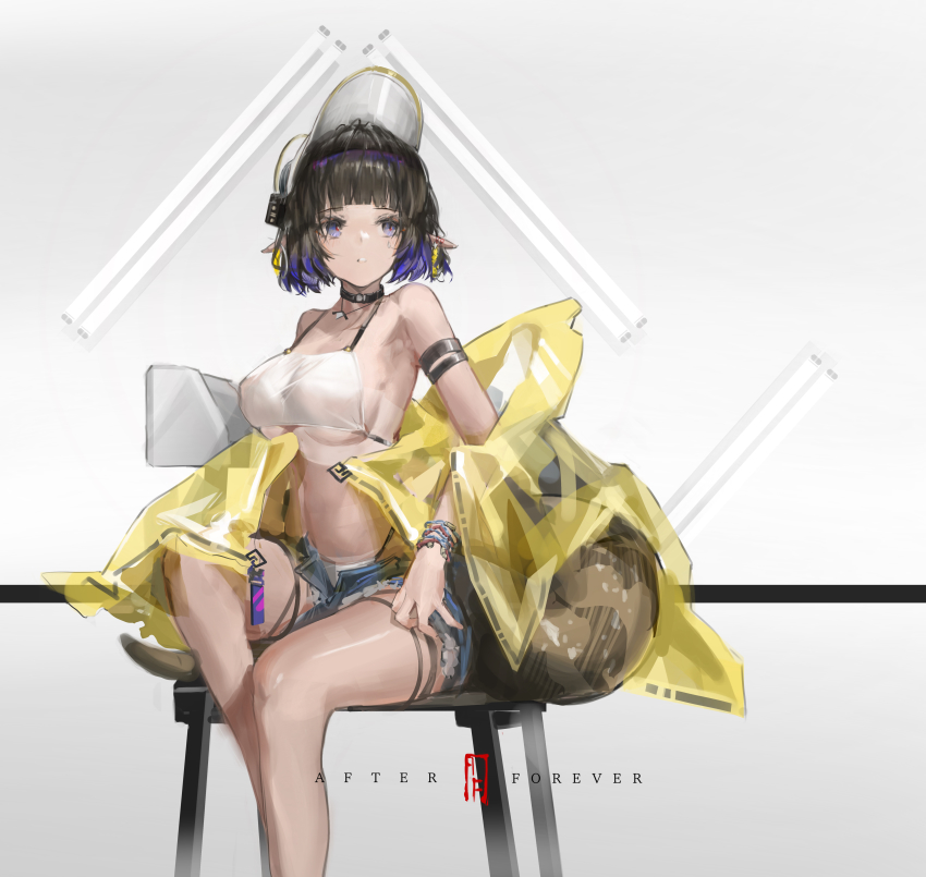 1girl, absurdres, afterforever, arknights, armlet, artist_name, bad_id, bad_pixiv_id, bare_shoulders, bikini, bikini_tan, bikini_under_clothes, black_choker, blue_shorts, bracelet, breasts, choker, earrings, eunectes_(arknights), feet_out_of_frame, hat, highres, jacket, jewelry, large_breasts, long_sleeves, looking_away, looking_to_the_side, necklace, open_clothes, open_fly, open_jacket, open_shorts, pointy_ears, purple_eyes, purple_hair, see-through_clothes, see-through_jacket, short_hair, short_shorts, shorts, sitting, solo, stool, swimsuit, tan, tanline, thigh_strap, two_side_up, underboob, white_bikini, white_hat, yellow_jacket
