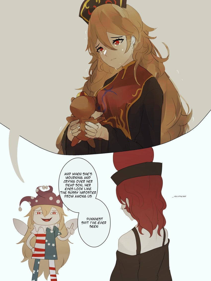 3girls, absurdres, american_flag_dress, american_flag_legwear, among_us, among_us_eyes_(meme), black_dress, blonde_hair