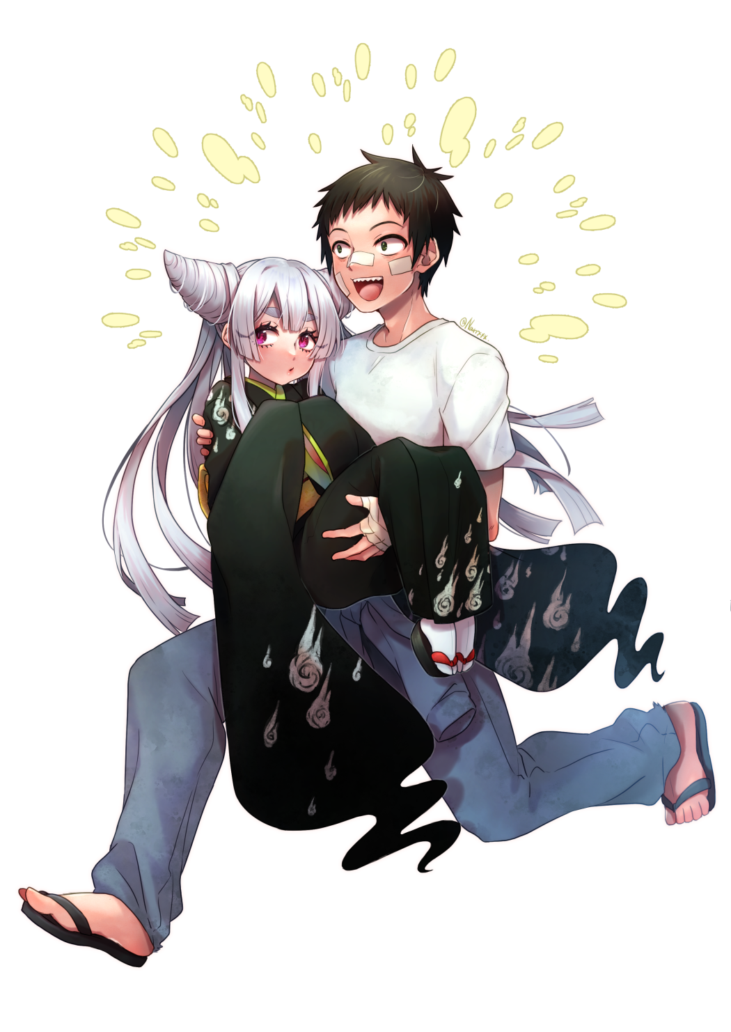 1boy, 1girl, :d, ayashimon, bandages, black_hair, black_kimono, carrying, grey_hair, hair_horns, hetero, highres, japanese_clothes, kaido_maruo, kalanchoe_xxxx, kimono, open_mouth, princess_carry, red_eyes, sandals, sharp_teeth, shirt, short_hair, simple_background, smile, socks, t-shirt, teeth, thick_eyebrows, urara_(ayashimon), white_background, white_shirt, white_socks, wide_sleeves