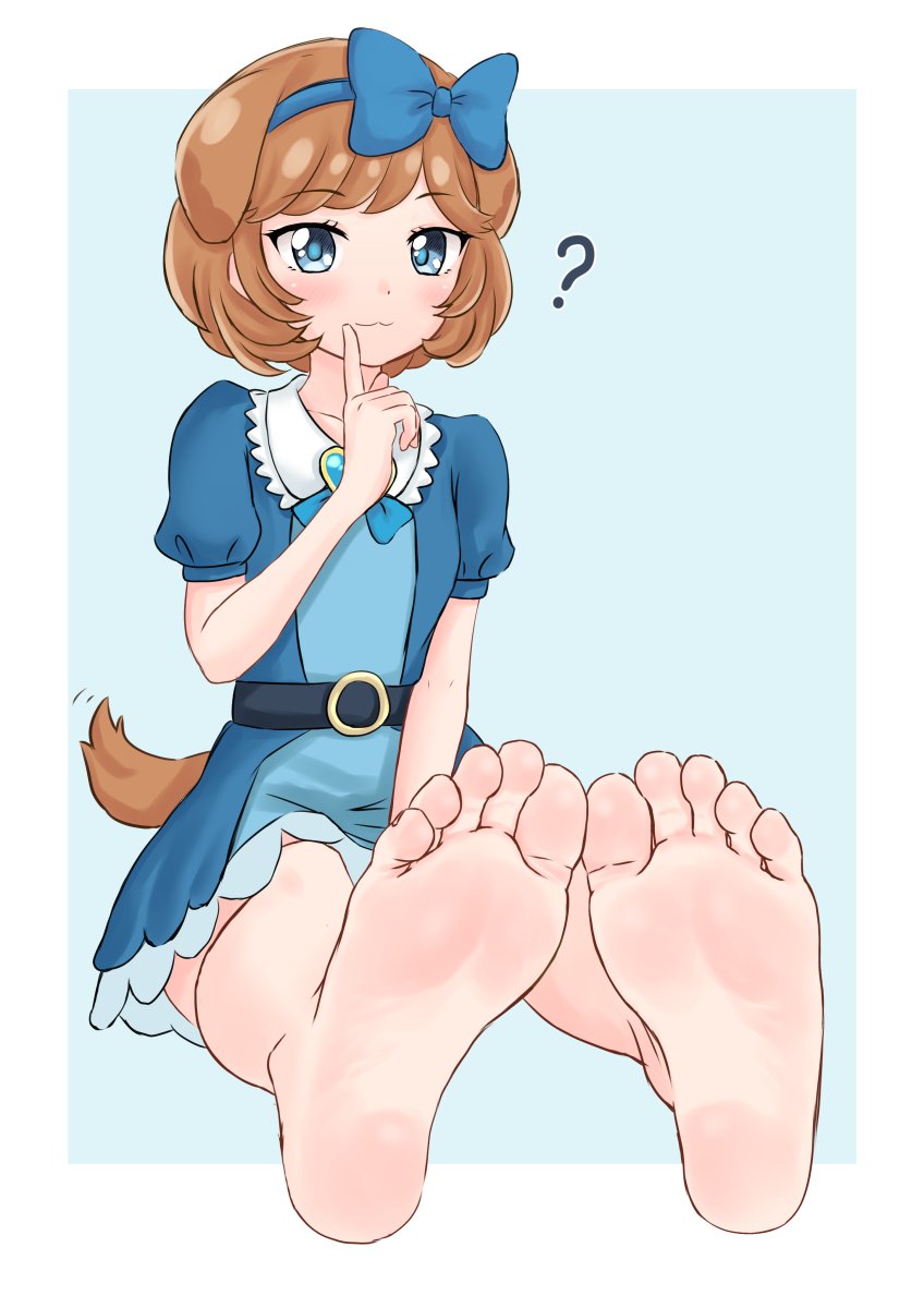 1girl, animal_ears, barefoot, blue_eyes, blush, delicious_party_precure, dog_ears, dog_girl