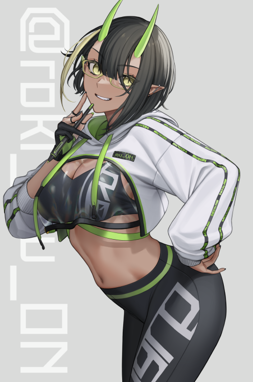 1girl, :d, bikini, bikini_top_only, black_bikini, black_gloves, black_hair, black_pants