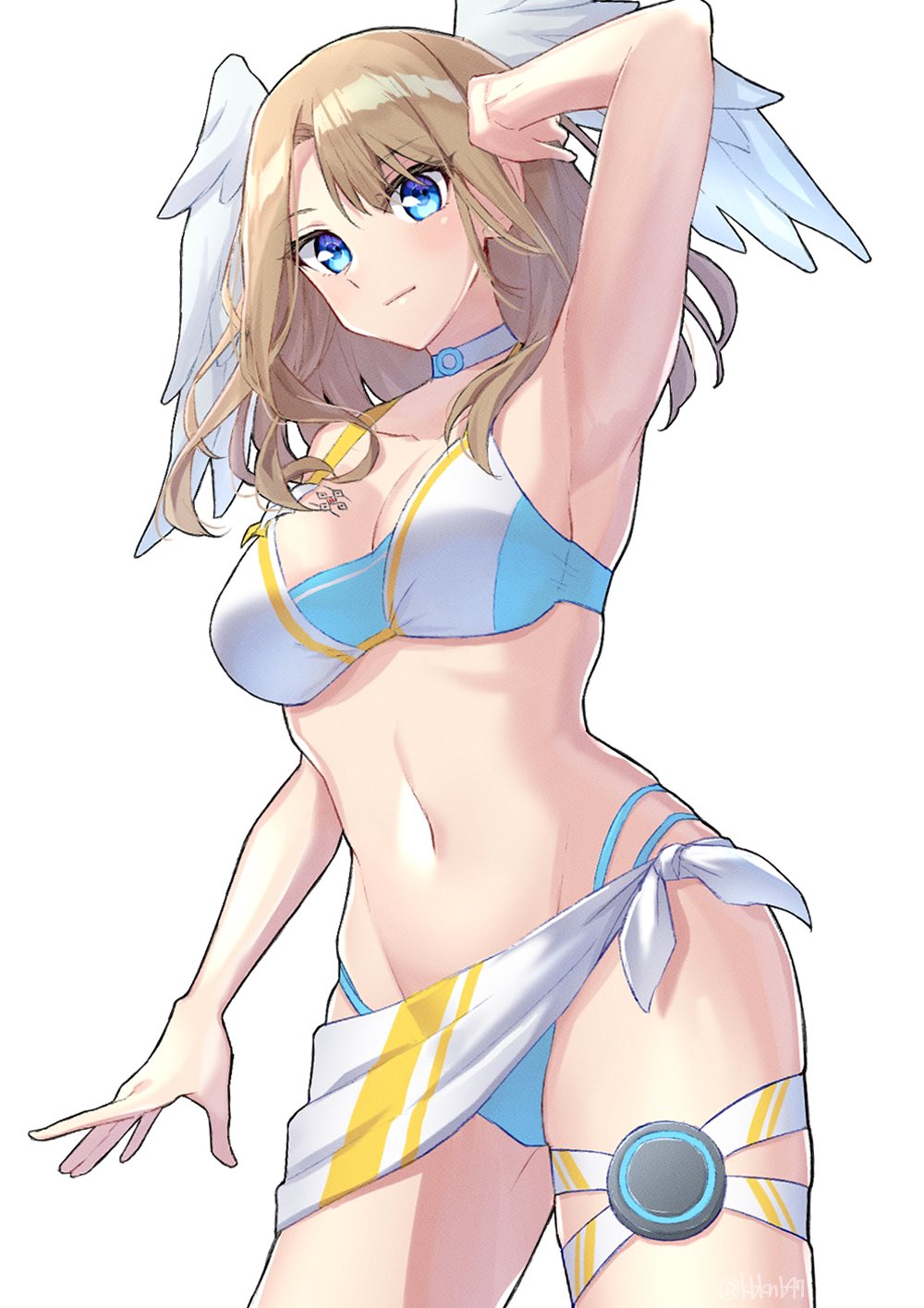 1girl, bikini, blue_eyes, breast_tattoo, breasts, brown_hair, choker, closed_mouth