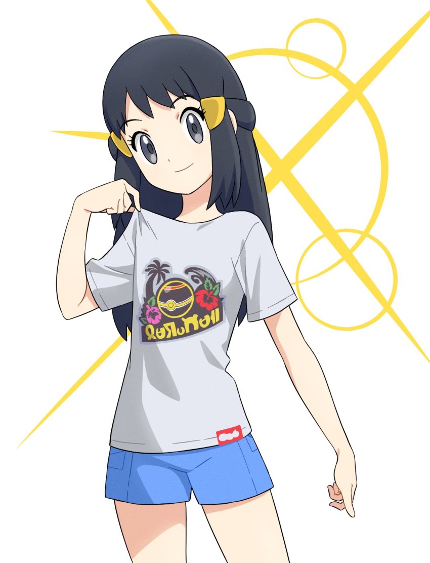 1girl, akari_(pokemon), black_hair, blue_shorts, closed_mouth, commentary_request, eyelashes, grey_eyes