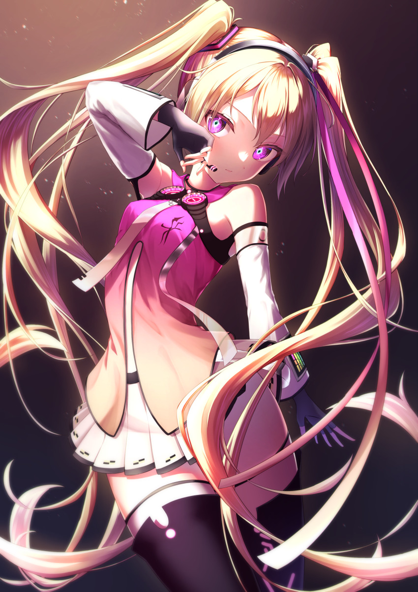 1girl, absurdres, black_thighhighs, commentary, detached_sleeves, gradient_clothes, gradient_shirt, hair_ornament, hatsune_miku, headphones, highres, long_hair, looking_at_viewer, miniskirt, nanai29177, pleated_skirt, project_diva_(series), purple_eyes, purple_shirt, shirt, skirt, sleeveless, sleeveless_shirt, hatsune_miku_(star_voice), thighhighs, twintails, very_long_hair, vocaloid, white_skirt, white_sleeves