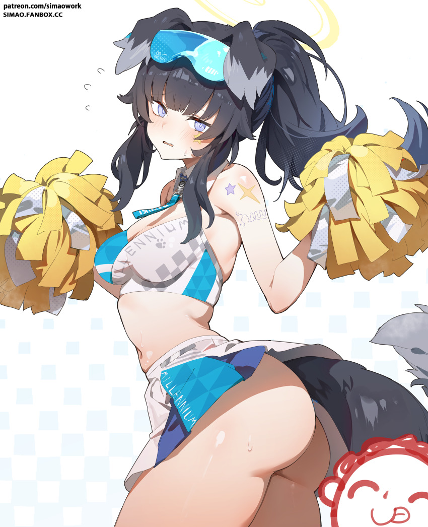 1boy, 1girl, absurdres, animal_ears, bare_shoulders, blue_archive, blush, breasts, cheerleader, cleavage, dog_ears, dog_girl, dog_tail, eyewear_on_head, goggles, goggles_on_head, halo, hibiki_(blue_archive), hibiki_(cheer_squad)_(blue_archive), highres, holding, holding_pom_poms, long_hair, looking_at_viewer, medium_breasts, millennium_cheerleader_outfit_(blue_archive), navel, open_mouth, pom_pom_(cheerleading), pom_poms, simao_(x_x36131422), solo_focus, sticker, sticker_on_arm, sticker_on_face, tail, thighs