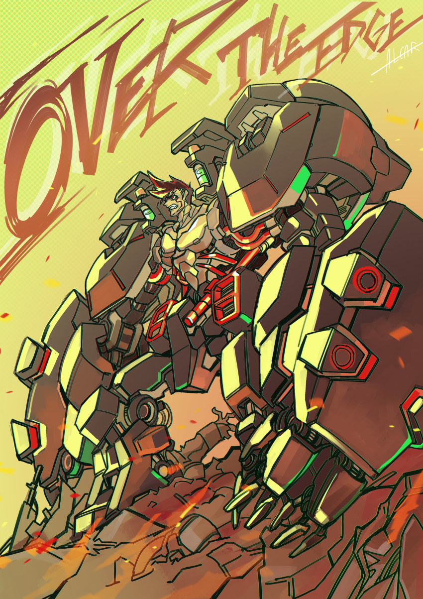 1boy, abs, absurdres, cyber_skeleton_(cyberpunk), cyberpunk_(series), cyberpunk:_edgerunners, cyborg, david_martinez, exoskeleton, from_side, hair_behind_ear, highres, looking_up, mecha, mechanical_arms, mechanical_legs, mohawk, open_hands, oversized_limbs, red_eyes, robot, shoka, solo, spoilers, topless_male