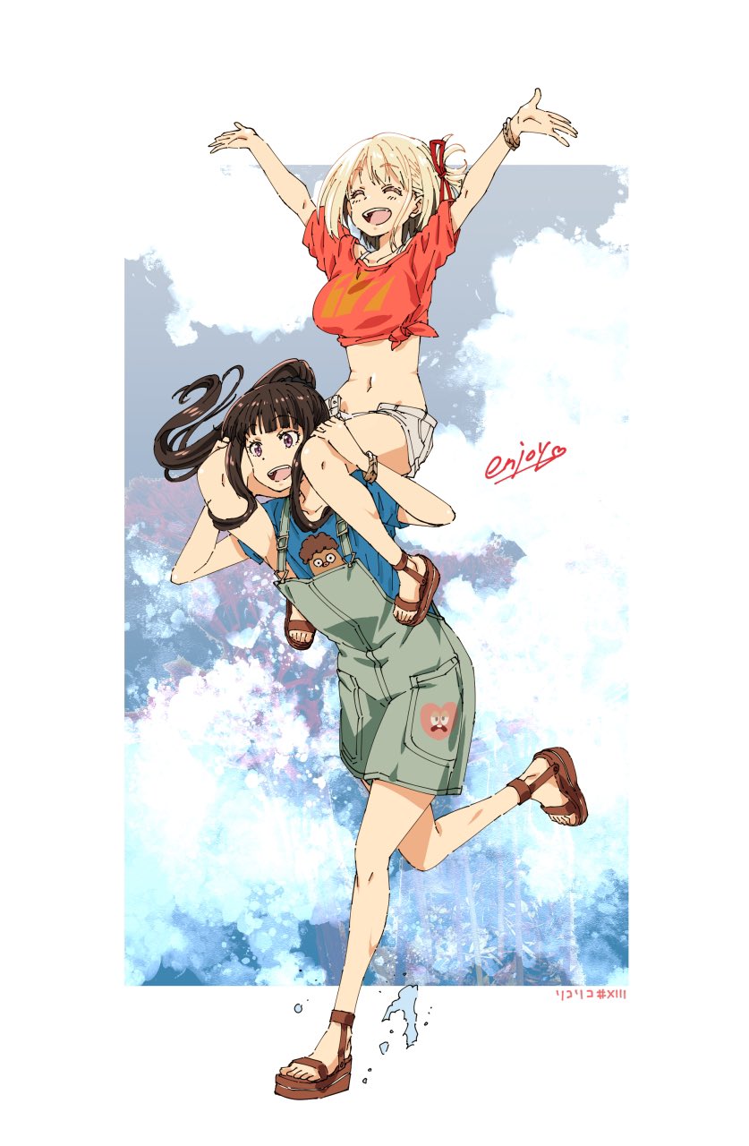 2girls, black_hair, blonde_hair, blue_shirt, blue_sky, blunt_bangs, bob_cut, carrying