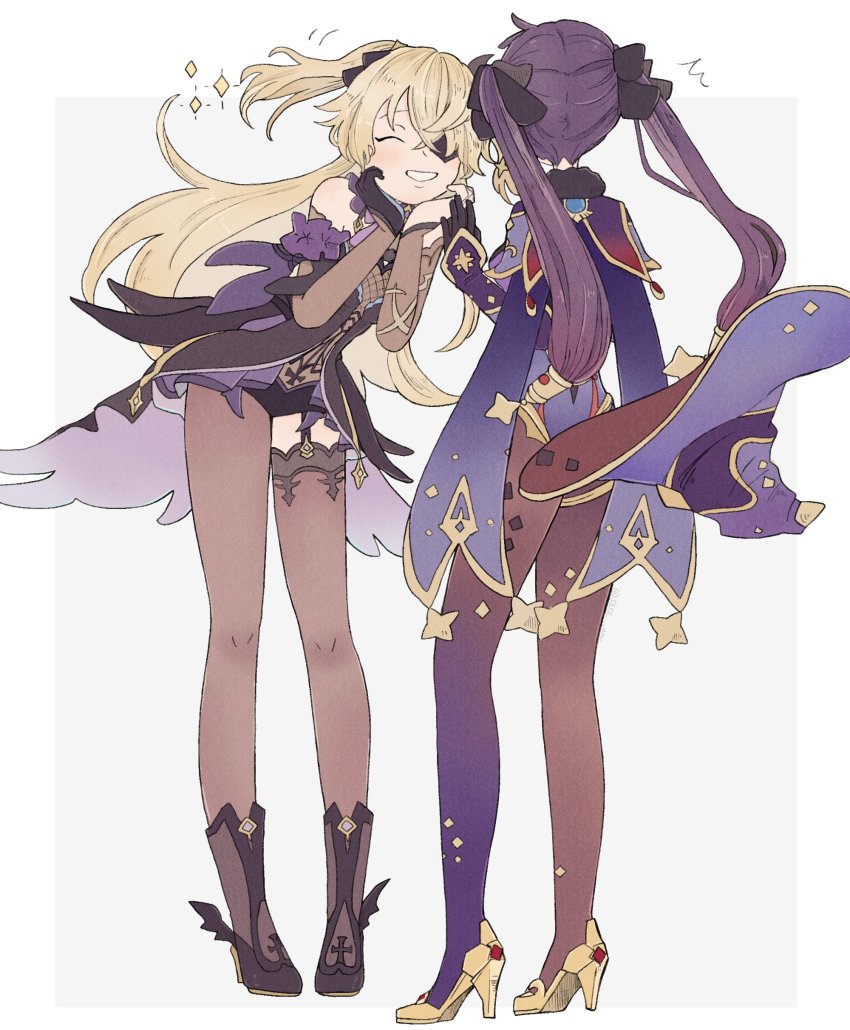 2girls, ^_^, absurdres, anni_(556_an), bare_shoulders, black_bow, black_dress, black_footwear, black_leotard, blonde_hair, blue_headwear, blue_leotard, boots, bow, brown_pantyhose, closed_eyes, commentary, detached_sleeves, dress, fischl_(genshin_impact), full_body, genshin_impact, gold_footwear, gold_trim, grin, hair_bow, hat, unworn_hat, unworn_headwear, high_heels, highres, lace, lace-trimmed_legwear, lace-trimmed_thighhighs, lace_trim, leotard, long_hair, long_legs, mona_(genshin_impact), multiple_girls, pantyhose, purple_hair, shoes, simple_background, single_leg_pantyhose, single_thighhigh, smile, standing, thighhighs, twintails, two-sided_fabric, two-sided_headwear, two_side_up, w_arms, white_background, winged_footwear, witch_hat
