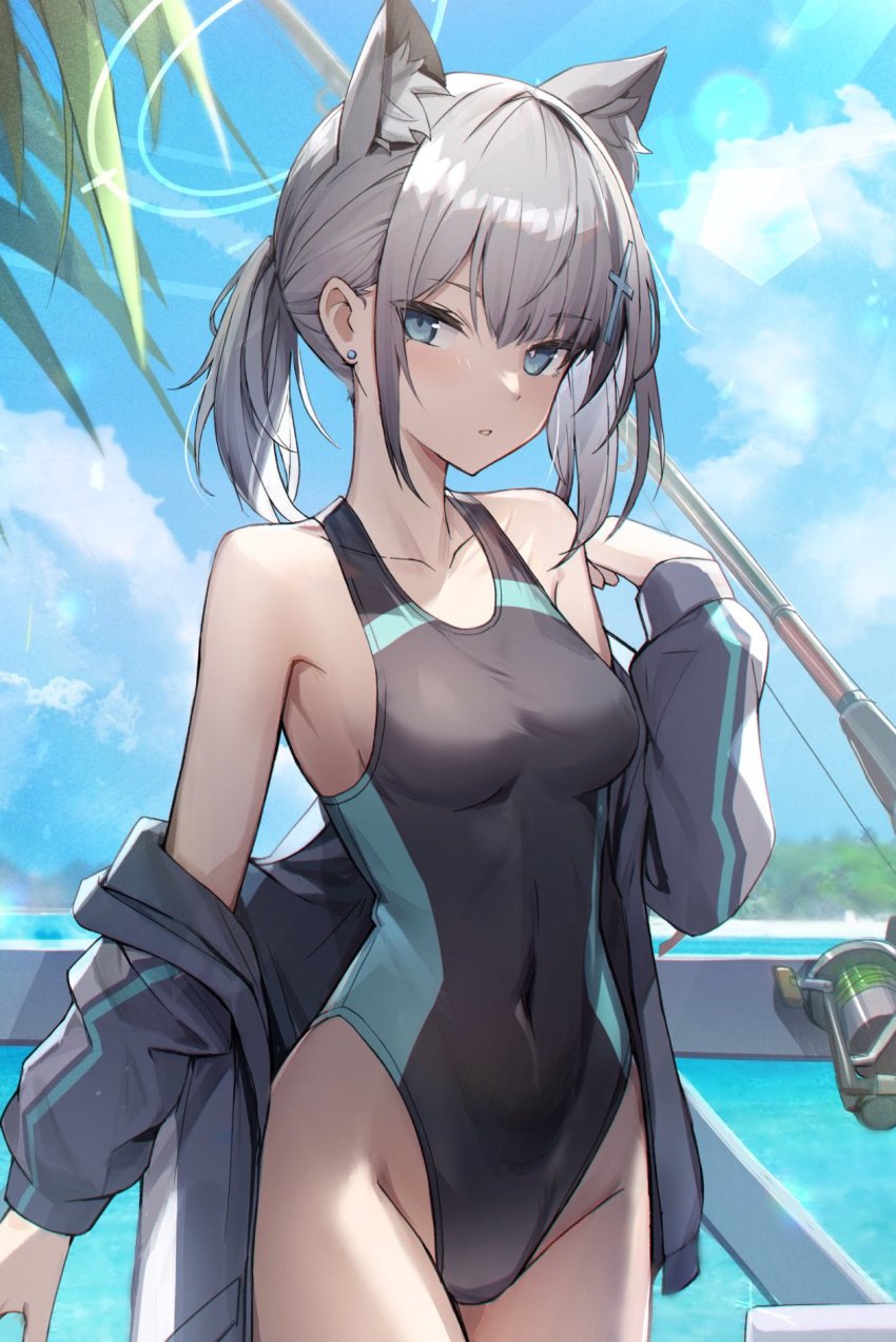 1girl, animal_ear_fluff, animal_ears, bare_shoulders, black_jacket, black_one-piece_swimsuit, blue_archive, blue_eyes