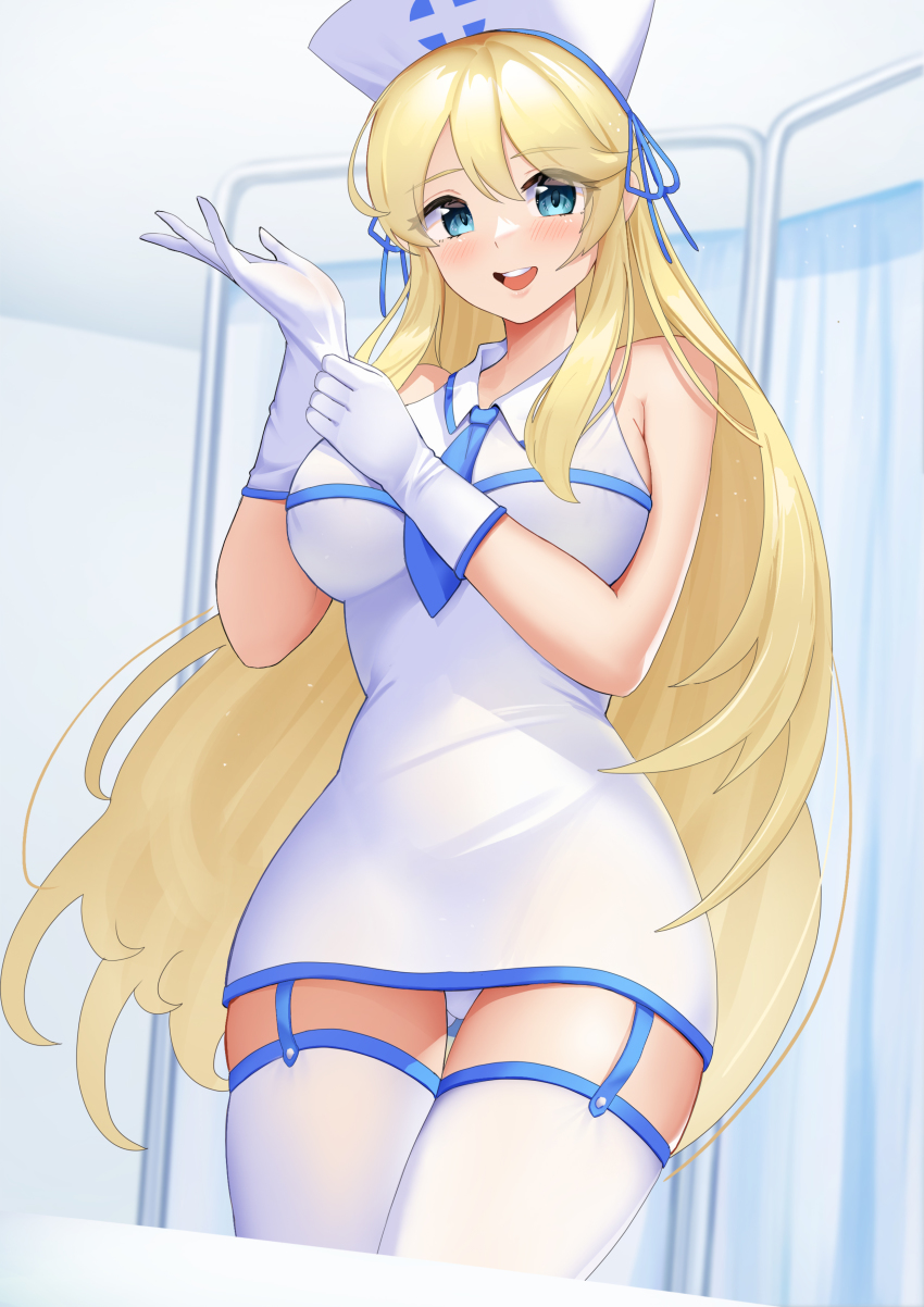 1girl, :d, absurdres, adjusting_clothes, adjusting_gloves, alternate_costume, blonde_hair, blue_eyes
