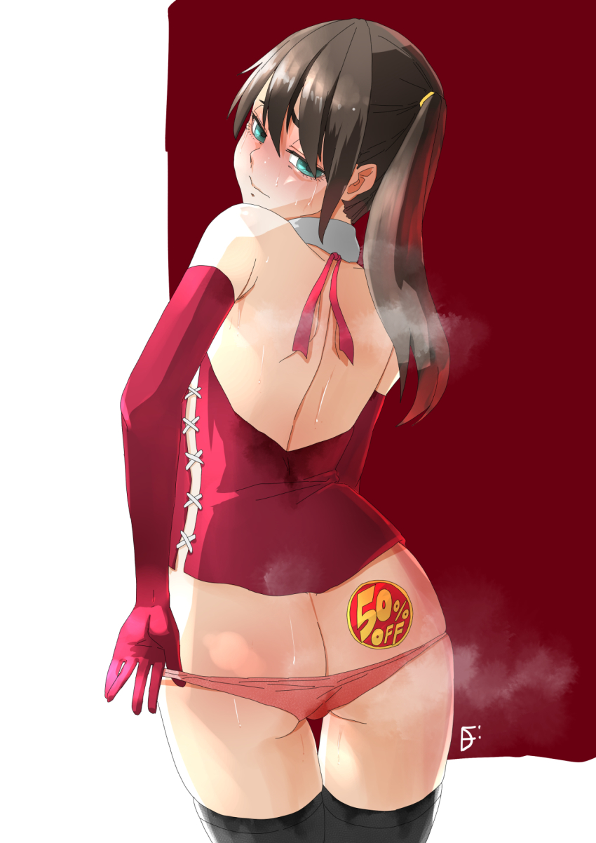 1girl, ass, bare_back, bare_shoulders, blush, brown_hair, butt_crack, collar, commentary, detached_sleeves, din_(pixiv25800872), elbow_gloves, from_behind, gloves, green_eyes, highres, looking_back, original, panties, panty_pull, sale, side_ponytail, signature, simple_background, stained_clothes, steam, steaming_body, sticker, sweat, thighhighs, underwear