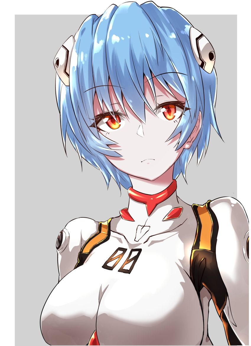 1girl, absurdres, ayanami_rei, blue_hair, bodysuit, border, breasts, breasts_apart