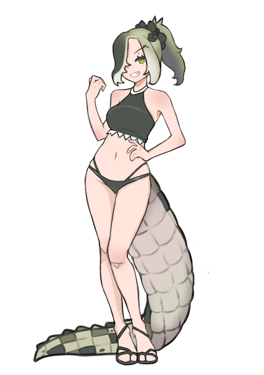 1girl, absurdres, alternate_costume, bikini, blush, commentary_request, crocodilian_girl, crocodilian_tail, full_body, green_bikini, green_eyes, green_hair, green_sandals, hair_ornament, hand_on_own_hip, high_ponytail, highres, illu_(illu_stratos), kemono_friends, midriff, multicolored_hair, navel, ponytail, reptile_girl, saltwater_crocodile_(kemono_friends), sandals, short_hair, simple_background, smile, solo, swimsuit, tail, teeth, two-tone_hair, white_background