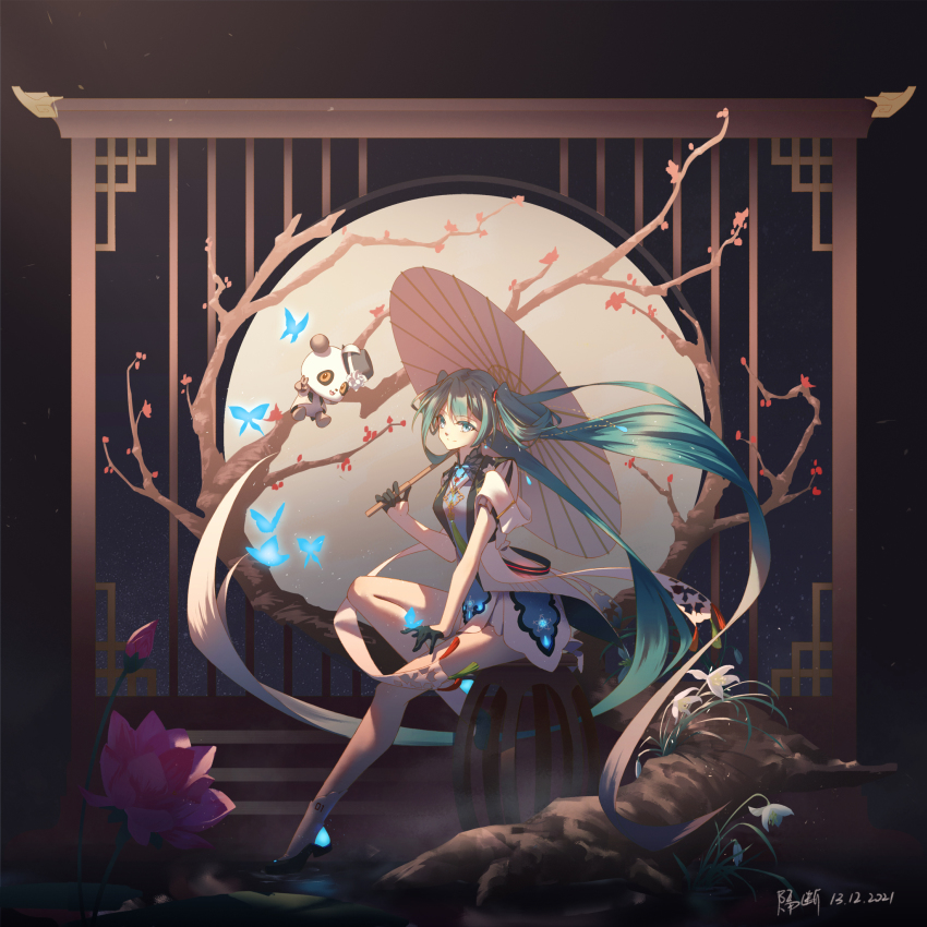 1girl, aqua_hair, black_gloves, blue_butterfly, blue_eyes, bug, butterfly, cage