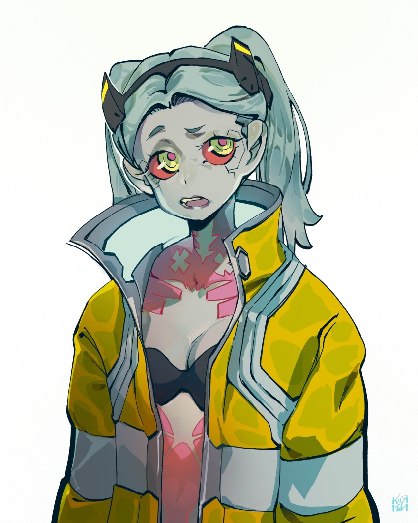 1girl, absurdres, artificial_eye, black_bra, borrowed_clothes, bra, breasts, carmine3, colored_sclera, colored_skin, cosplay, cyberpunk:_edgerunners, cyberpunk_(series), cyborg, david_martinez, david_martinez_(cosplay), green_hair, highres, jacket, leg_tattoo, loli, long_hair, mechanical_eyes, neck_tattoo, rebecca_(cyberpunk), red_sclera, simple_background, single_mechanical_eye, small_breasts, solo, tattoo, twintails, underwear, white_skin