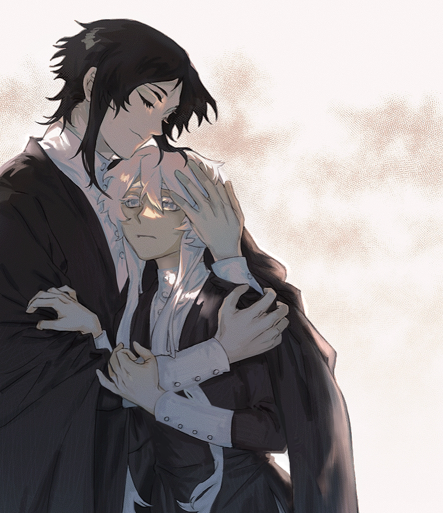 1boy, 1girl, black_cloak, black_hair, black_jacket, charlotte_wiltshire, chinese_commentary, cloak