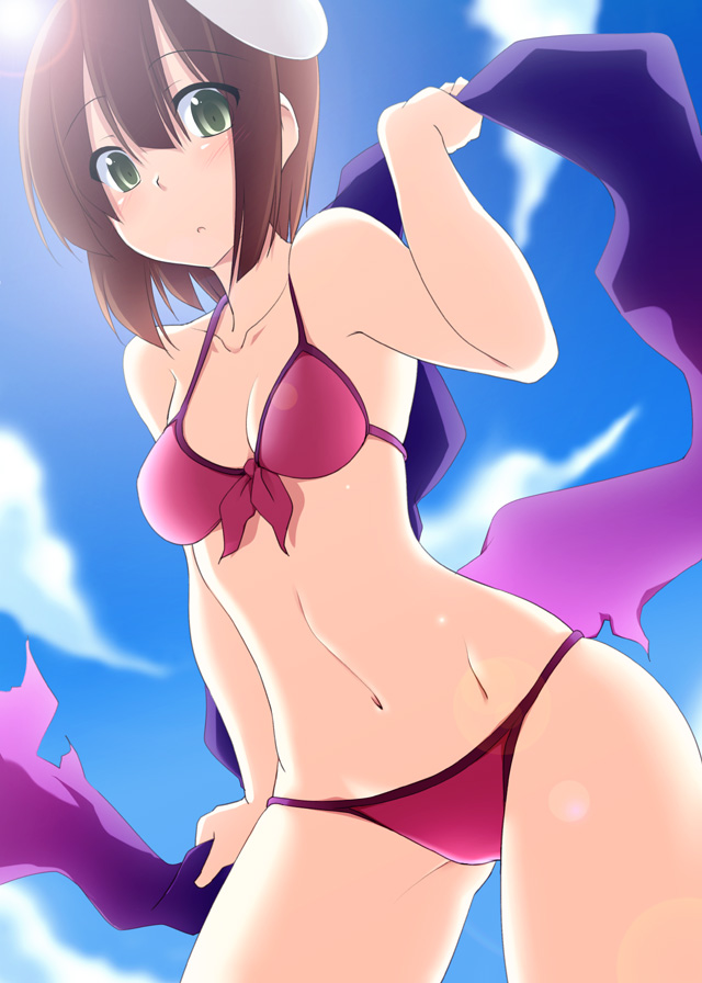 1girl, atlus, bare_shoulders, bikini, breasts, brown_hair, etrian_odyssey, female_focus