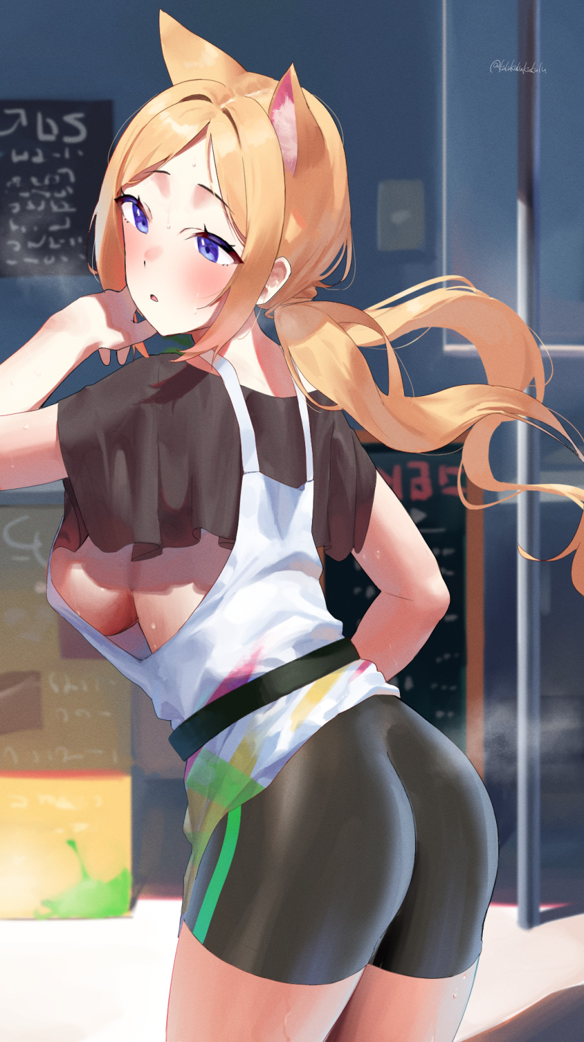 aki_rosenthal, aki_rosenthal_(gaming_casual), animal_ear_fluff, animal_ears, ass, bike_shorts, blue_eyes, blush, breasts, day, embarrassed, frikulu, highres, hololive, large_breasts, outdoors, ponytail, sideboob, sidelocks, standing, virtual_youtuber