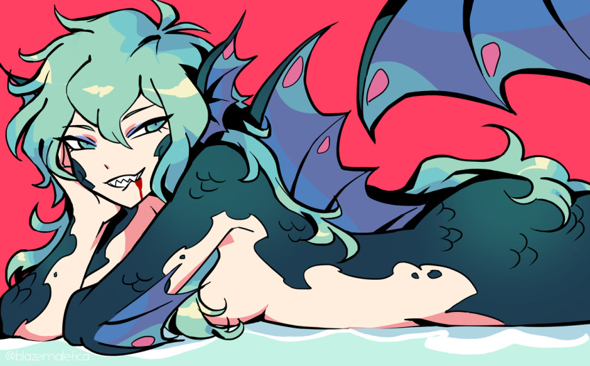 1girl, blazemalefica, blood, blood_on_face, breasts, fins, green_hair, grin