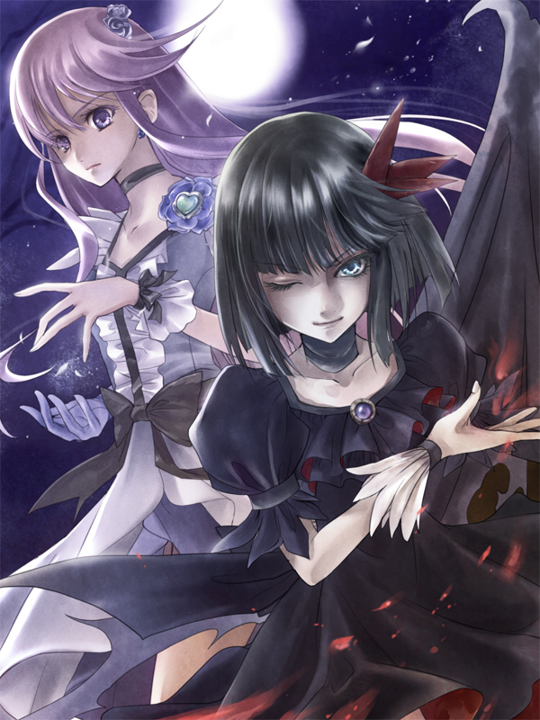 10s, 2girls, ashi_yume, bad_id, bad_pixiv_id, black_neckwear, blue_eyes, blue_flower