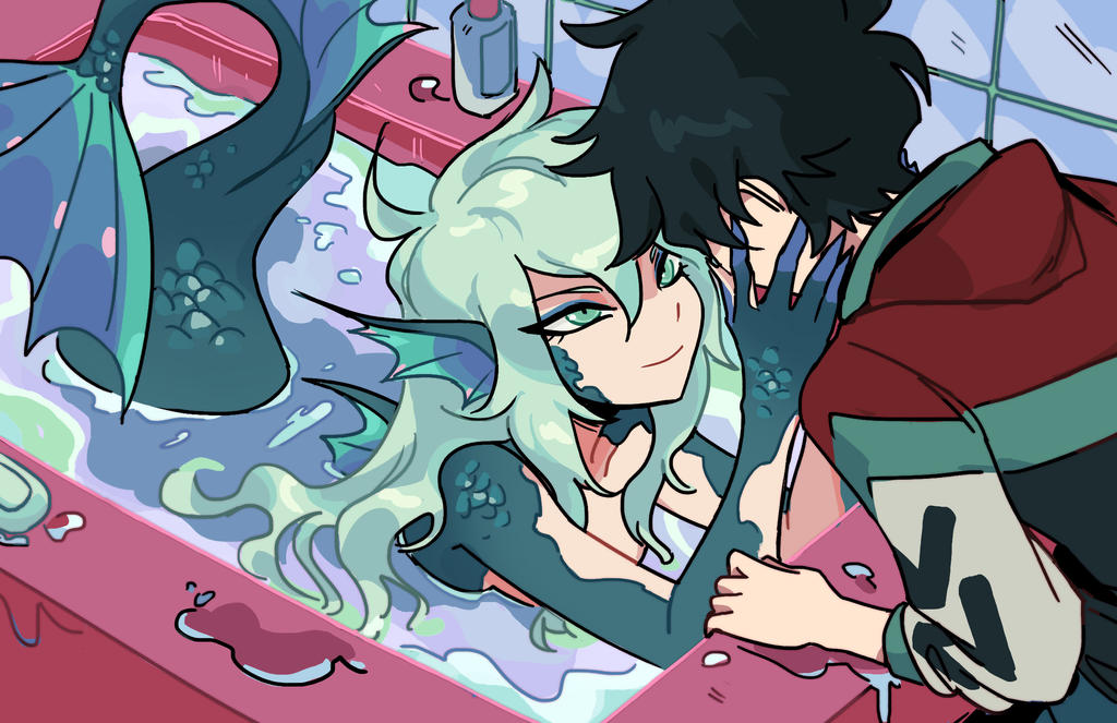 1boy, 1girl, bathtub, black_hair, blazemalefica, fins, green_hair, looking_at_another