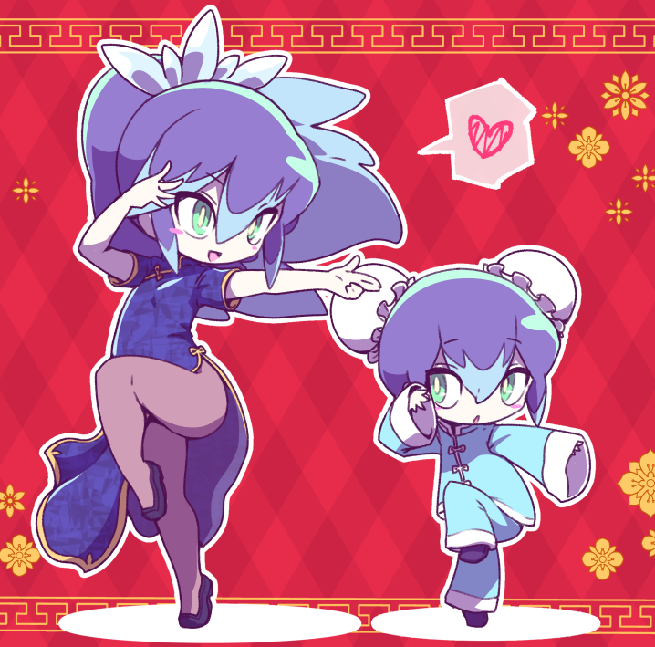 2girls, alternate_costume, blue_hair, child, chinese_clothes, fighting_stance, fubukihime, high_ponytail, leg_up, multiple_girls, no_humans, nollety, ponytail, standing, standing_on_one_leg, thighs, youkai_watch, yukionna_(youkai_watch)