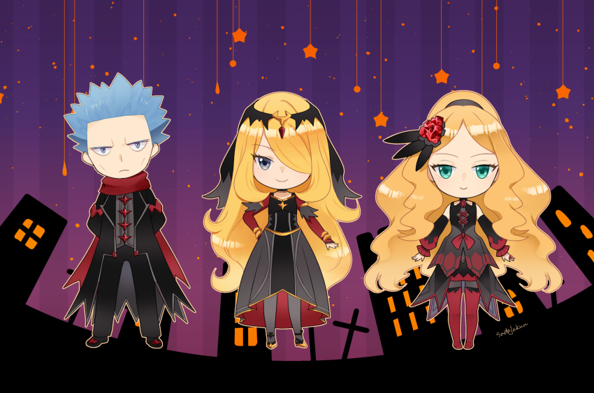 1boy, 2girls, amenboaoina, bare_shoulders, black_coat, black_pants, blonde_hair, blue_hair
