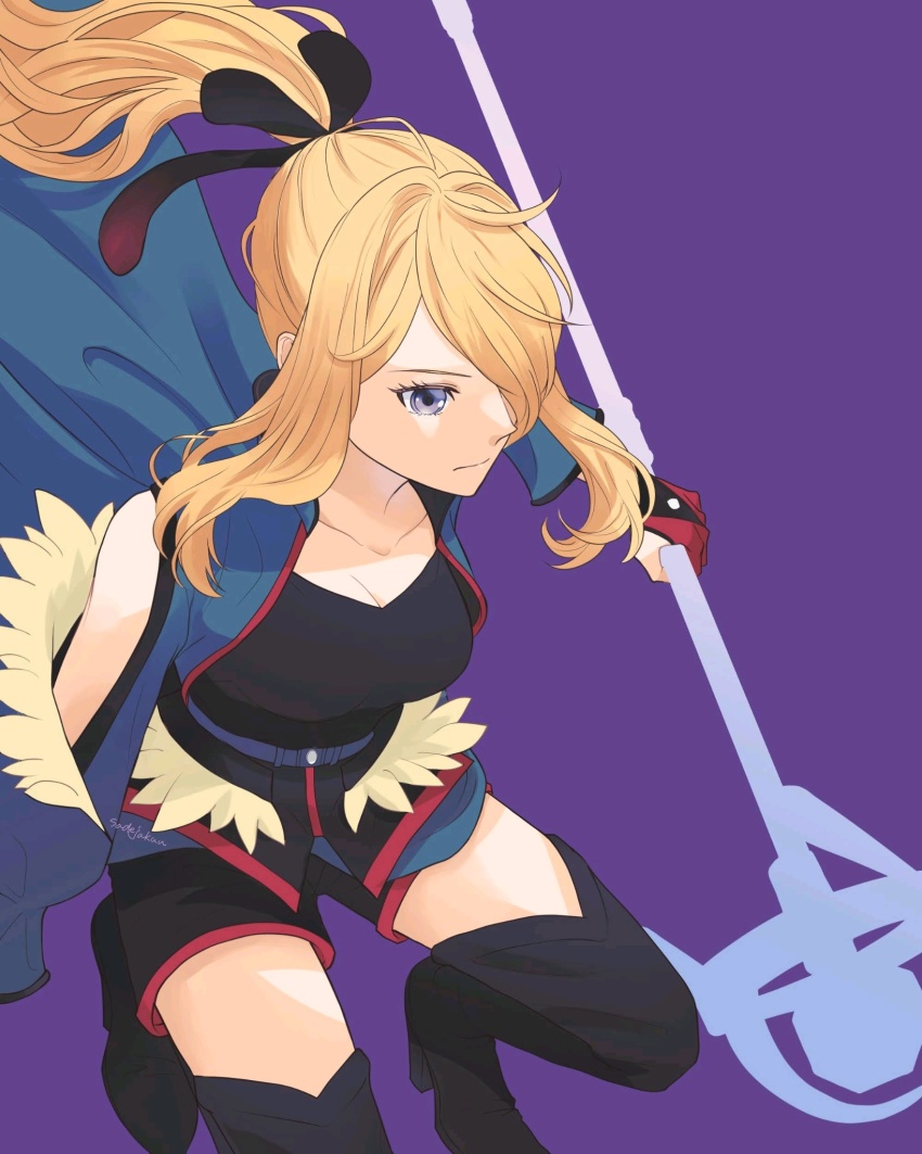 1girl, amenboaoina, black_boots, black_ribbon, black_shirt, black_shorts, blonde_hair, boots, breasts, cleavage, closed_mouth, collarbone, commentary_request, cynthia_(pokemon), cynthia_(sygna_suit)_(aura)_(pokemon), eyelashes, gloves, grey_eyes, hair_over_one_eye, hair_ribbon, highres, holding, holding_staff, long_hair, nintendo, official_alternate_costume, partially_fingerless_gloves, pokemon, pokemon_masters_ex, ponytail, purple_background, red_gloves, ribbon, shirt, shorts, small_breasts, solo, staff, thigh_boots