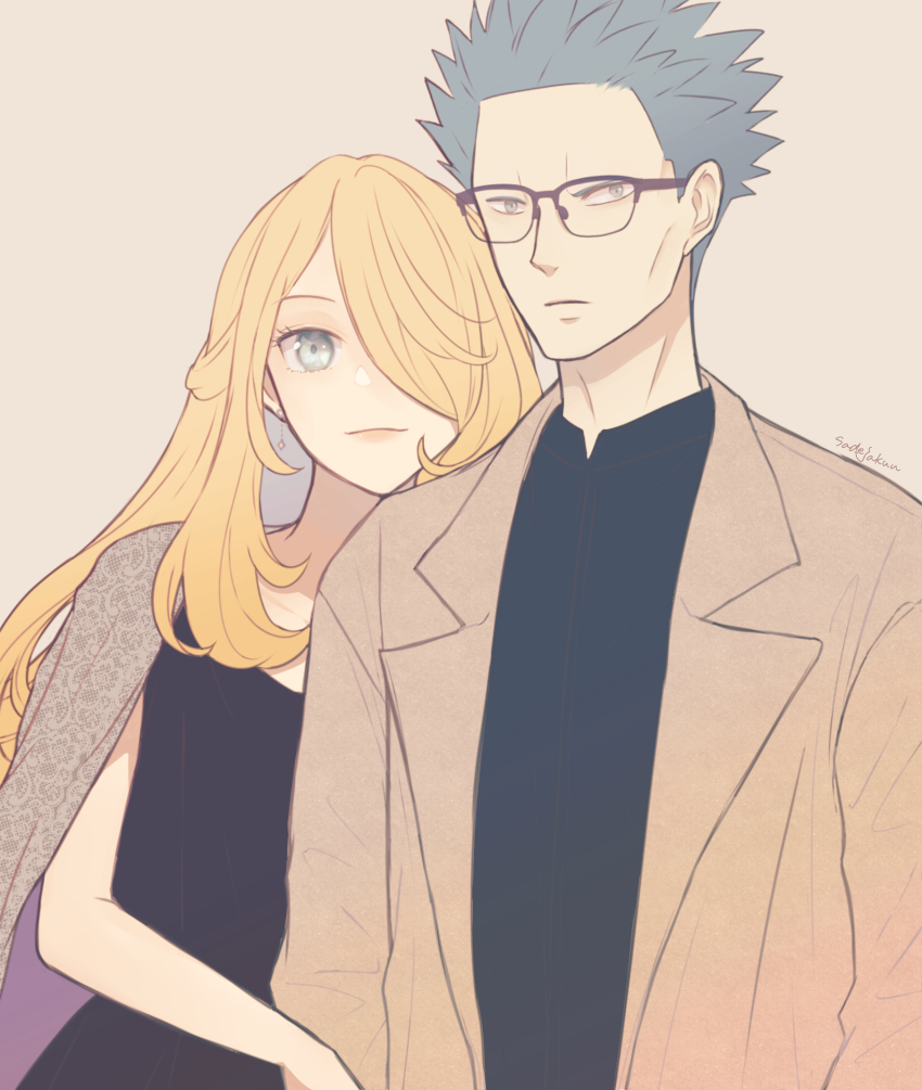 1boy, 1girl, alternate_costume, amenboaoina, bespectacled, black_dress, black_shirt, blonde_hair