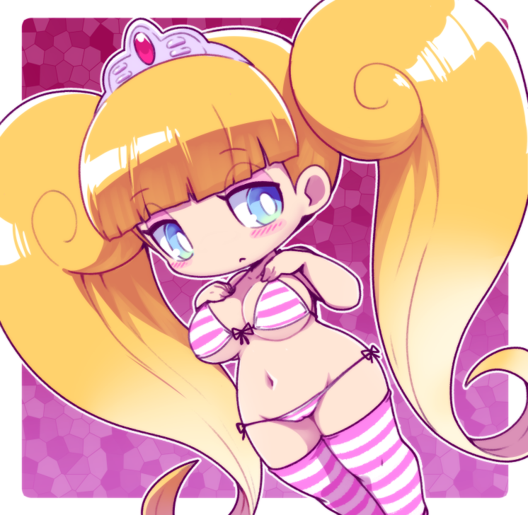 1girl, blonde_hair, blue_eyes, bra, breasts, crown, medium_breasts, muchaburikko, navel, nervous, nollety, panties, shortstack, string_panties, striped_clothes, striped_panties, striped_thighhighs, thighhighs, twintails, underwear, youkai_watch, youkai_watch_3