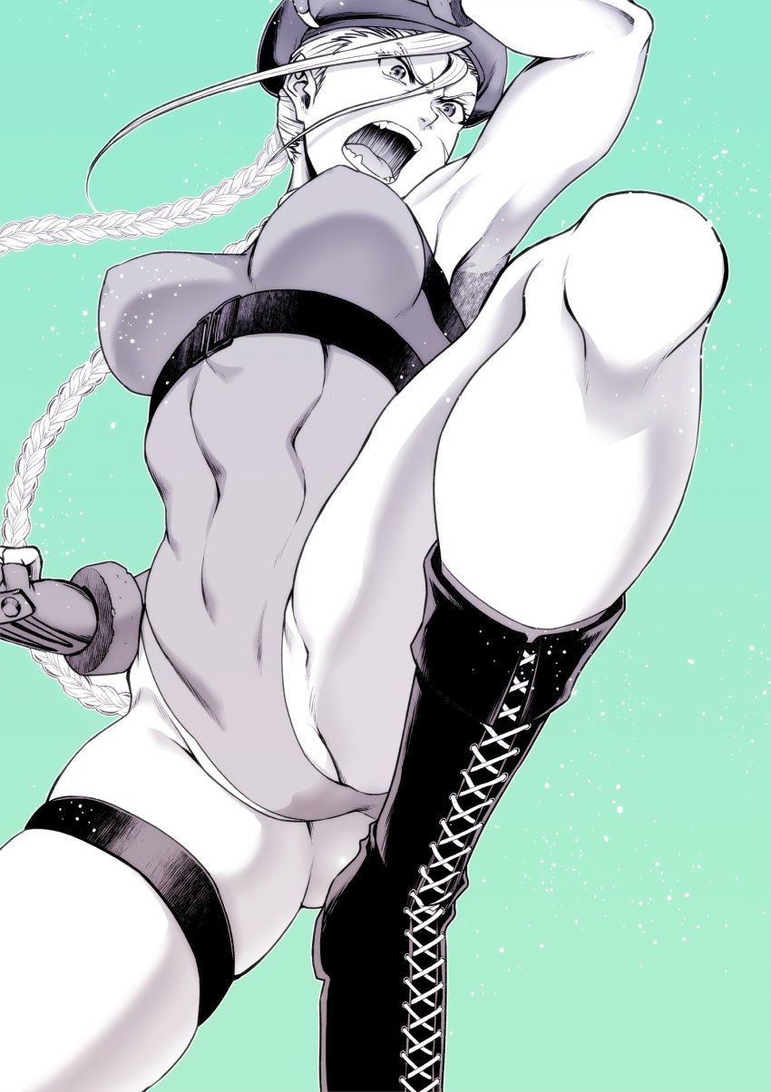 1girl, an'no_natsume, beret, boots, braid, breasts, cammy_white, facial_scar, fingerless_gloves, gloves, green_background, greyscale, greyscale_with_colored_background, hat, highres, impossible_clothes, impossible_leotard, kneeing, lace-up_boots, legband, leotard, medium_breasts, monochrome, open_mouth, scar, scar_on_cheek, scar_on_face, serious, solo, street_fighter, street_fighter_v, toned, twin_braids