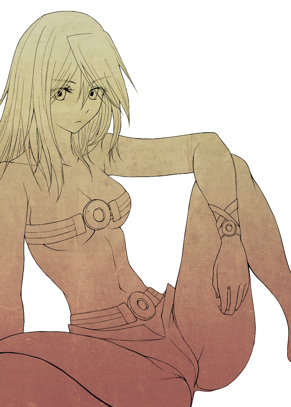 1girl, an'no_natsume, arm_on_knee, belt_bra, breasts, cleavage, eyes_visible_through_hair, guilty_gear