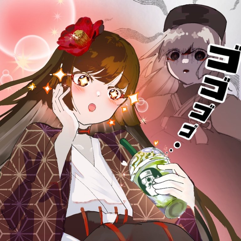 +_+, 1girl, :o, artist_request, asa_no_ha_(pattern), black_eyes, black_headwear, blush