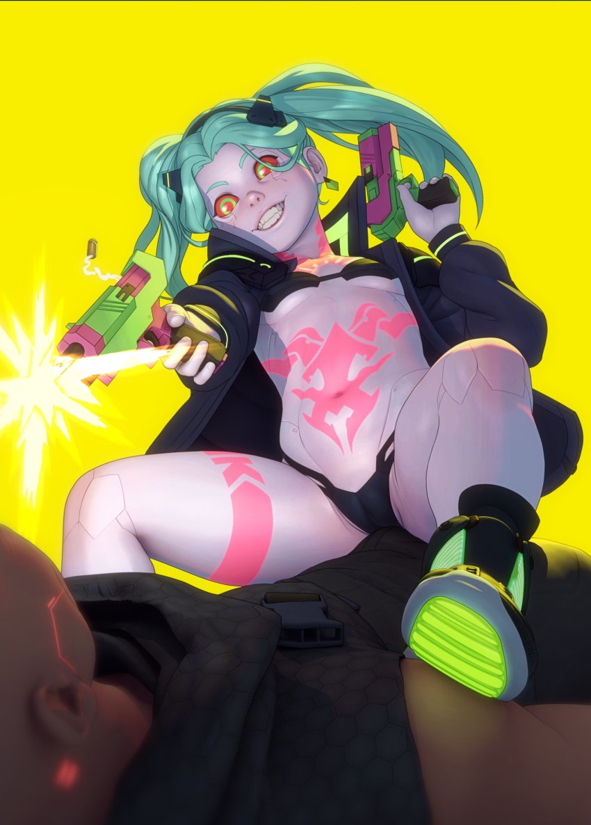 1boy, 1girl, absurdres, artificial_eye, bikini, black_bikini, breasts, cameltoe