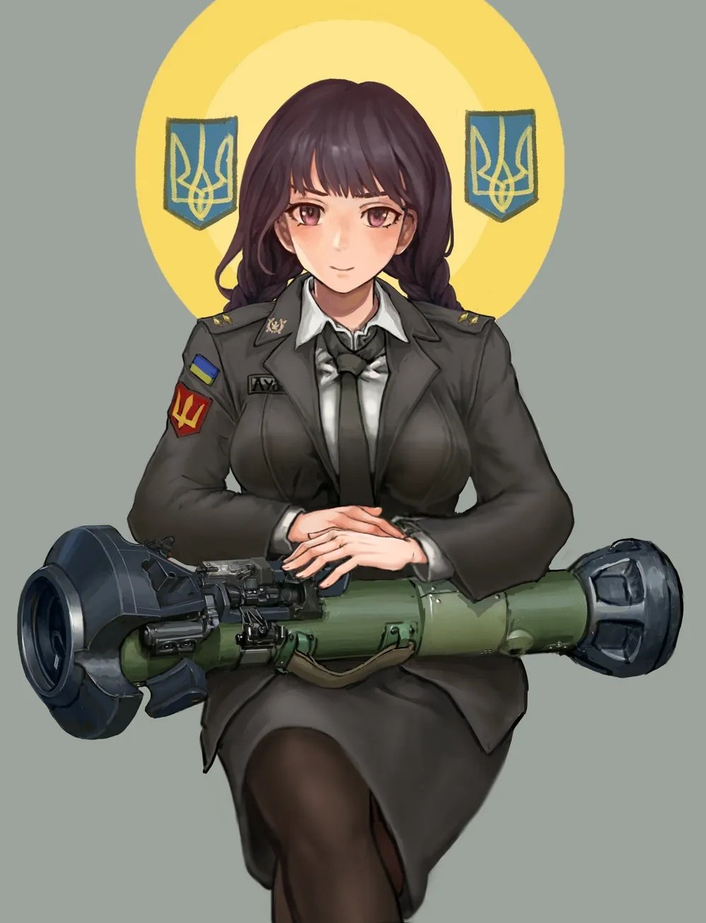 1girl, anti-tank_guided_missile, bad_id, bad_twitter_id, black_necktie, black_pantyhose, blush, breasts