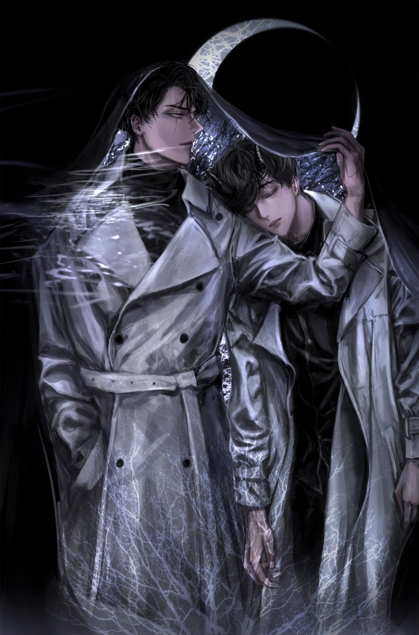2boys, absurdres, black_background, black_hair, cloak, closed_eyes, crescent, crescent_moon, dante_(_dannnte_), dark_background, hand_in_pocket, head_on_another's_shoulder, highres, jacket, kim_dokja, korean_commentary, long_sleeves, looking_at_another, male_focus, moon, multiple_boys, omniscient_reader's_viewpoint, scar, scar_across_eye, scar_on_face, short_hair, white_jacket, yoo_joonghyuk