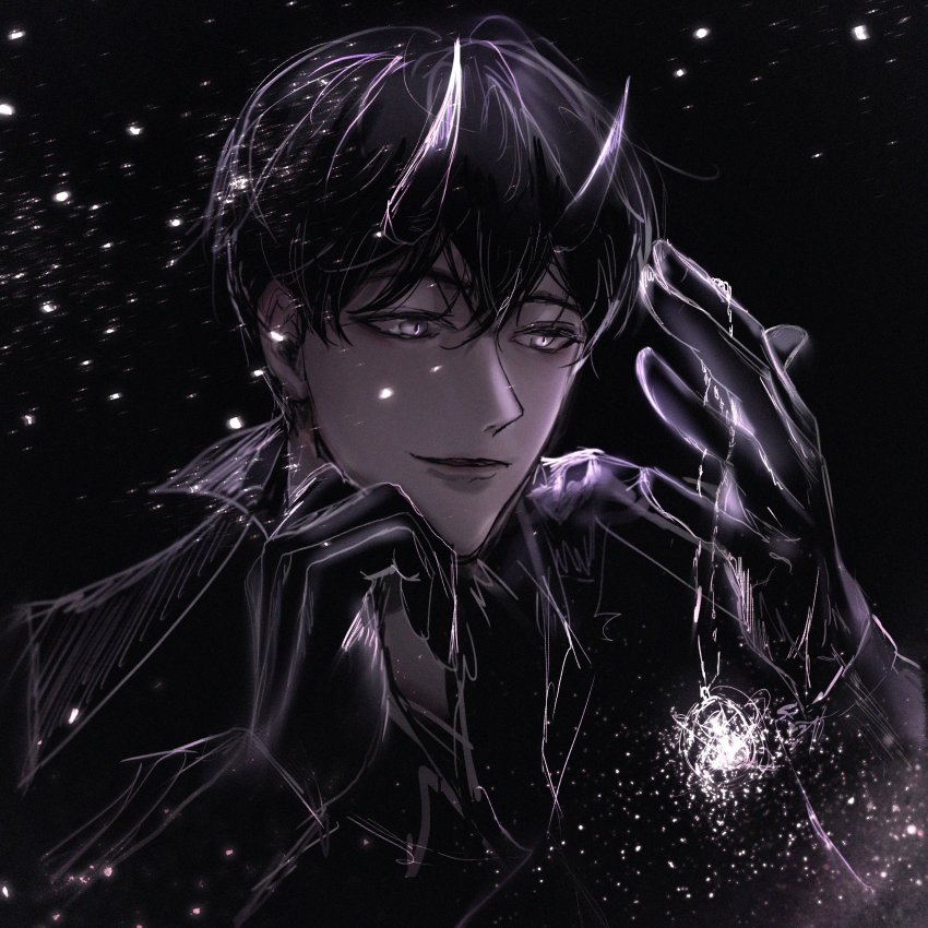 1boy, absurdres, black_background, black_eyes, black_gloves, black_hair, dante_(_dannnte_), dark_background, gloves, hair_between_eyes, highres, holding, holding_jewelry, holding_necklace, horns, jewelry, kim_dokja, male_focus, necklace, omniscient_reader's_viewpoint, portrait, short_hair, smile, solo