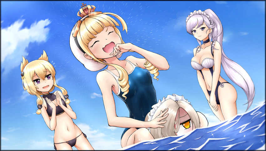 4girls, absurdres, axelsworks, azur_lane, beach, belfast_(azur_lane), bikini, black_bikini