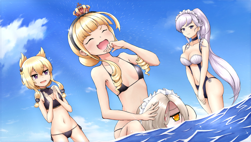 4girls, absurdres, axelsworks, azur_lane, beach, belfast_(azur_lane), bikini, black_bikini