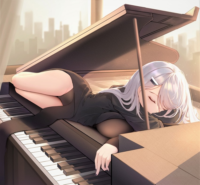 1girl, absurdres, black_dress, black_leotard, closed_mouth, dress, grand_piano, hair_ornament, hairclip, highres, instrument, leotard, lying, nail_polish, noir_(noworld), noworld, on_piano, on_side, piano, qiyuan_yingluo, sleeping, solo, virtual_youtuber, white_hair