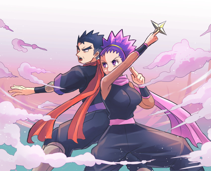 1boy, 1girl, arm_up, black_eyes, black_hair, black_pants, breasts, closed_mouth