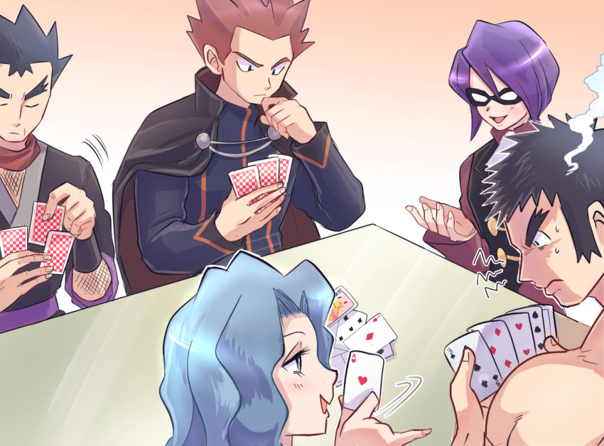 1girl, 4boys, black_eyes, black_hair, bruno_(pokemon), cape, card, commentary_request