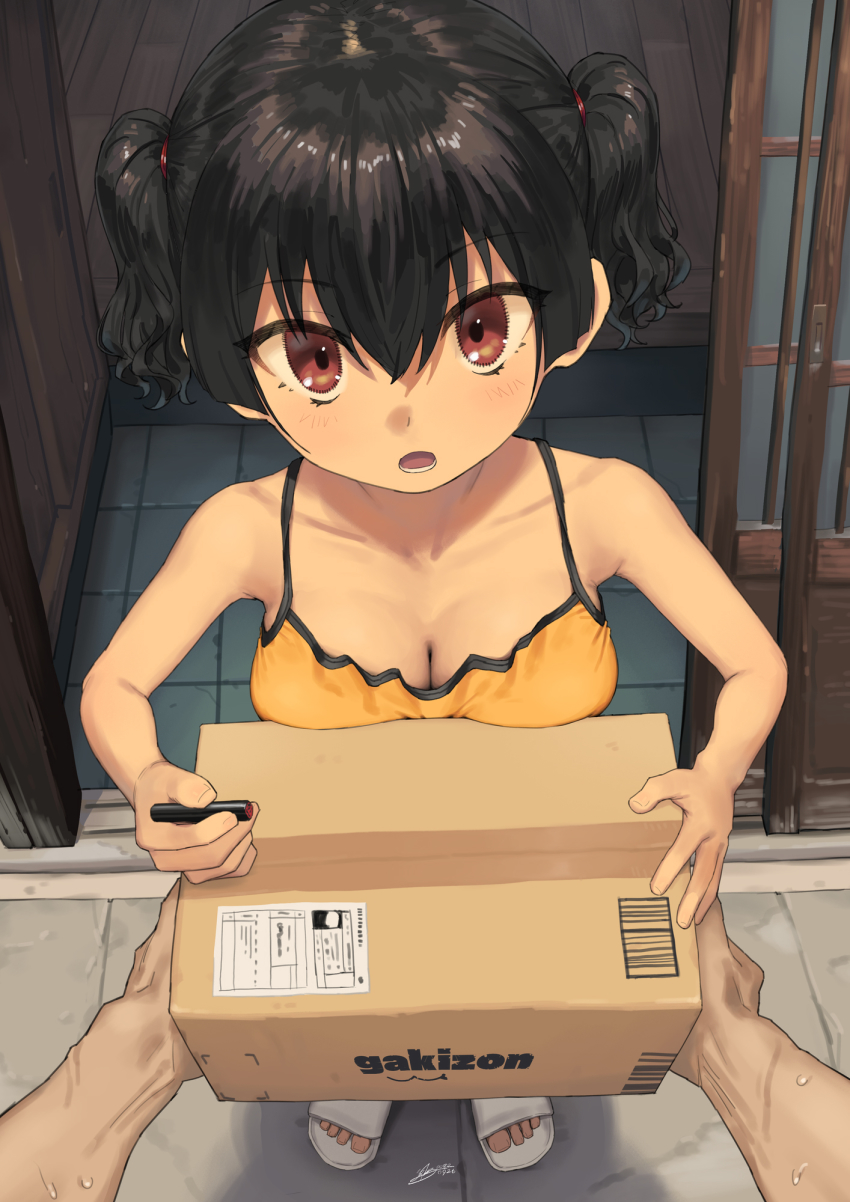 1girl, amazon_(company), black_hair, box, brand_name_imitation, breast_press, breasts, camisole, cleavage, collarbone, commentary_request, delivery, from_above, gaki_kyonyuu, hair_between_eyes, highres, kaedeko_(kaedelic), large_breasts, looking_at_viewer, oppai_loli, pov, red_eyes, sandals, sasaki_kanna, short_hair, shouji, sliding_doors, solo_focus, standing, sweat, toes, twintails, white_footwear, wooden_floor, yellow_camisole